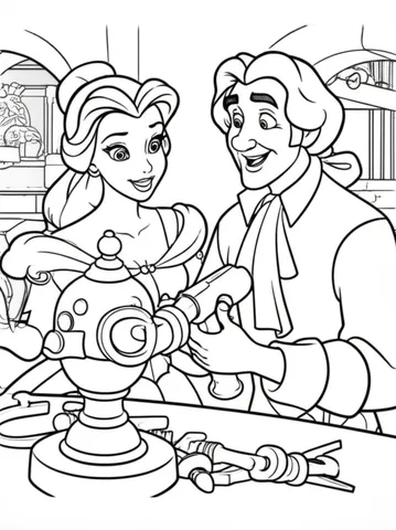 Get creative with these fun and engaging coloring pages of Princess Belle and her father Maurice inventing new gadgets in the workshop. Let your imagination run wild as you color in these dynamic scenes and bring them to life!
