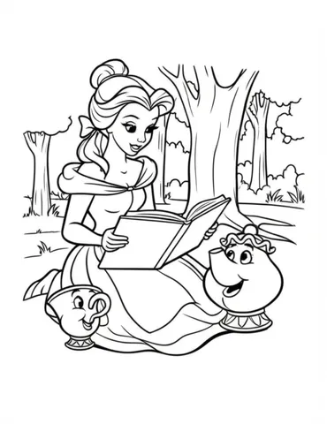 Belle reading a book under a tree with Chip and Mrs. Potts