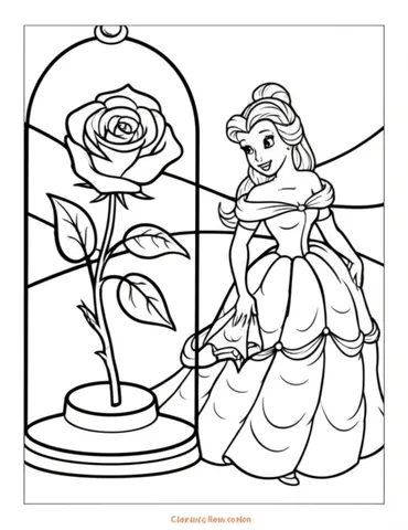 Belle and the enchanted rose in the glass case