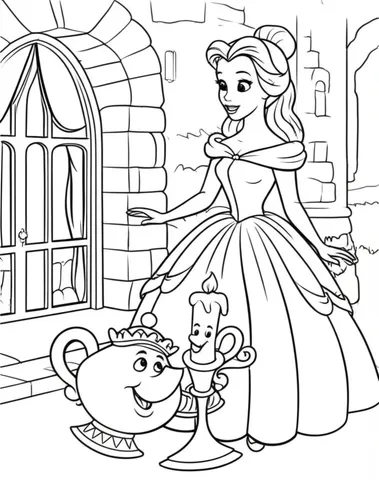 Princess Belle exploring the enchanted castle with her talking teapot and candlestick friends