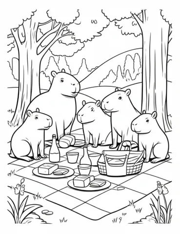 Enjoy coloring pages of a group of capibaras having a picnic in the forest. These cute and playful animals are enjoying a day in nature, surrounded by trees, flowers, and delicious snacks.