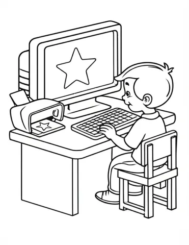 A child using a computer to design and print their own custom coloring pages