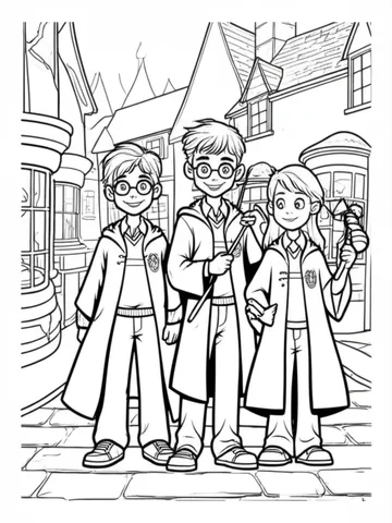 Harry and his friends exploring the colorful and funky streets of Hogsmeade, trying out different wizarding treats.