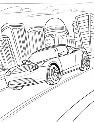 A vibrant red Tesla Roadster zooming through a futuristic cityscape