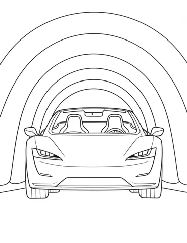 Get creative and color a yellow Tesla Roadster driving through a vibrant rainbow-colored tunnel. Perfect for kids and adults who love cars and rainbows!