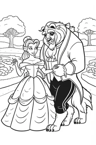 Explore the magical world of Beauty and the Beast with our collection of coloring pages featuring Belle and the Beast on a romantic stroll through the castle gardens. Let your imagination run wild and bring these scenes to life with your own unique colors.