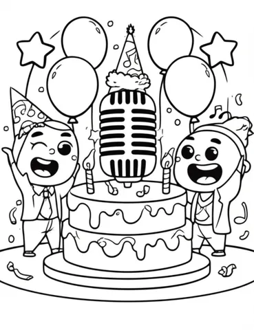 Get ready to celebrate with these vibrant coloring pages of a K-Pop themed birthday party! Featuring colorful decorations, a microphone-shaped cake, and all your favorite K-Pop stars, these pages are perfect for kids and adults alike.