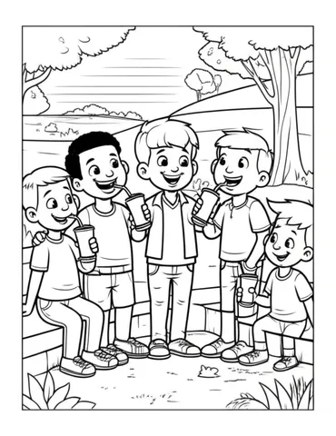 Get creative with our coloring pages featuring a group of Saja boys having fun at the park while enjoying a refreshing soda pop on a sunny day. These pages are perfect for kids and adults alike to color and bring to life with their own imagination.