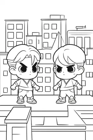 Get ready for an epic battle with our coloring pages featuring two kpop demon hunters facing off on a rooftop against the backdrop of a city skyline. Let your imagination run wild as you bring this intense scene to life with your coloring skills.