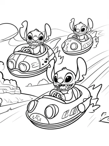Get ready to blast off into a world of color and creativity with these fun and exciting coloring pages featuring Stitch and his friends competing in a space race! Let your imagination soar as you decorate their flying cars with bright colors and patterns.