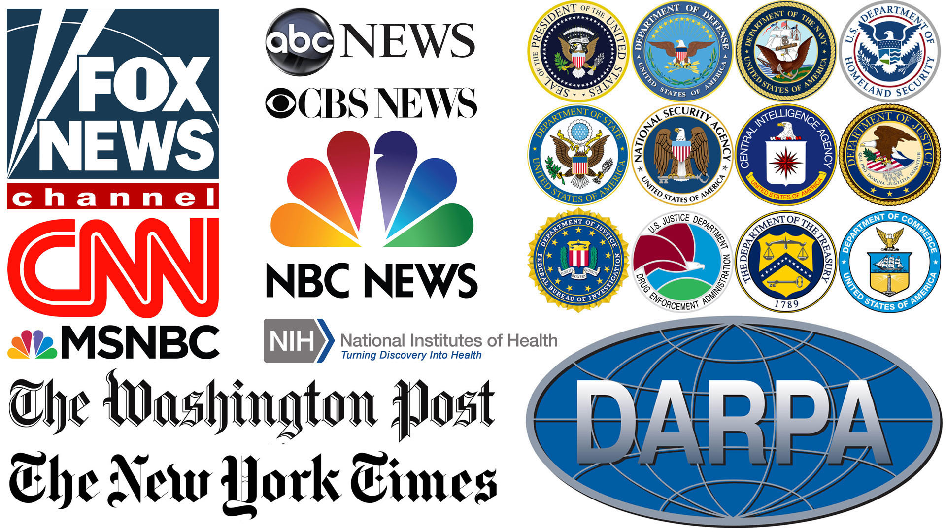 Many American Mass Media News and Official U.S. Government Seals and Logos