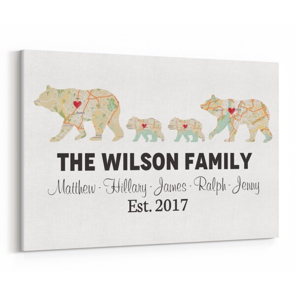 Bear Family Retro Map Custom Canvas Print