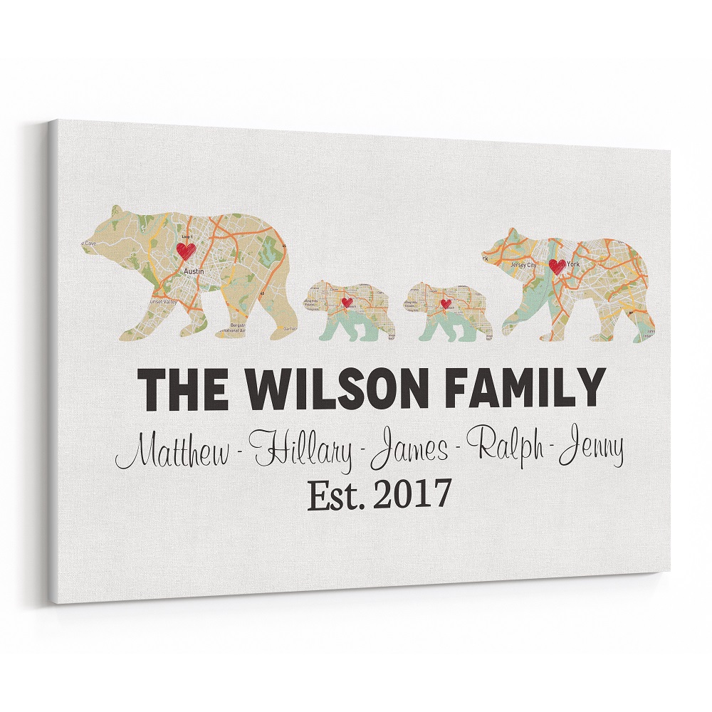 Bear Family Retro Map Custom Canvas Print