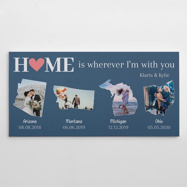 Home Is Wherever I'm With You Custom Map Shape Photo Canvas Print