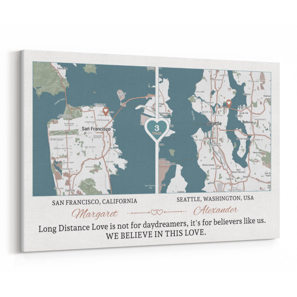 Long Distance Love Custom Map Canvas Print