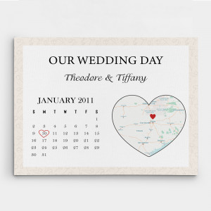 Our Wedding Day Custom Calendar and Map Canvas Print