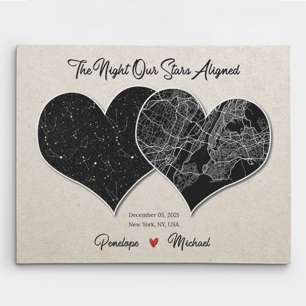 The Night Our Stars Aligned Dual Heart Map Canvas Print
