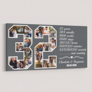 32nd Anniversary Gift for Couples Number Photo Collage Canvas Print