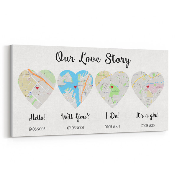 4 Hearts Hello – Will You – I Do – It’s a Girl Map Canvas Print