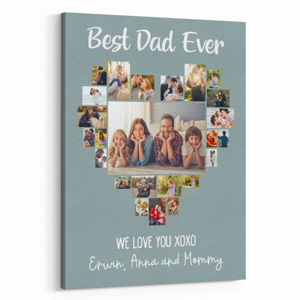 “Best Dad Ever” Heart-Shaped Photo Collage Canvas Print