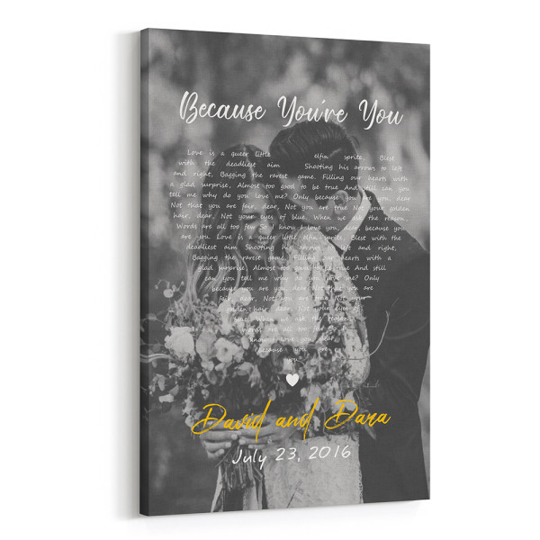 Heart-Shaped B&W Song Lyrics on Photo Canvas - Vertical