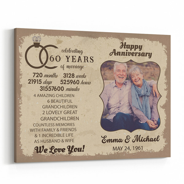 Celebrating 60 Years Of Marriage Photo Canvas Print – Diamond Anniversary Gift