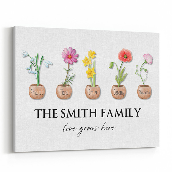 Family Birth Month Flowers Love Grows Here Custom Canvas Print