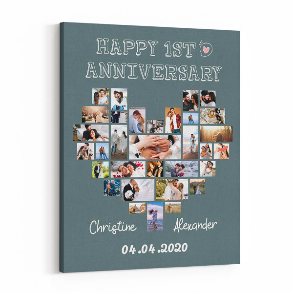 Happy First Anniversary Heart Shaped Photo Collage Canvas