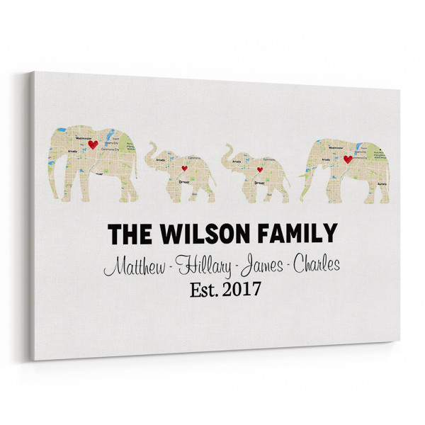 Personalized Elephant Family Print - Retro Map Canvas Print