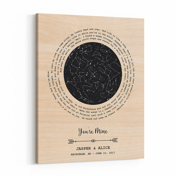 Star Map And Spiral Song Lyrics on Wood Background Canvas