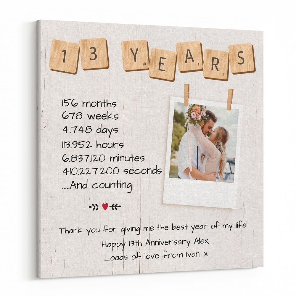 13 Year Anniversary Custom Polaroid Photo Square Canvas
