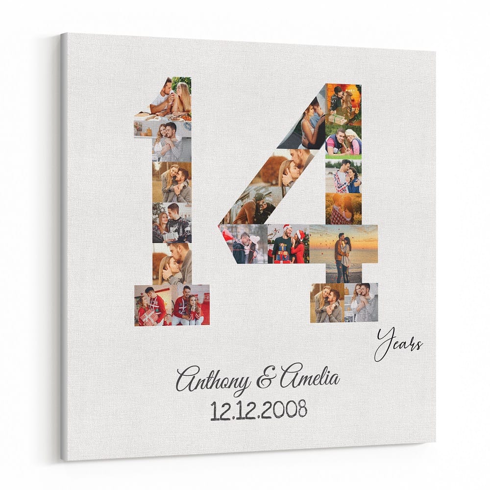 14 Year Anniversary Canvas – Custom Number Photo Collage 19 Pictures