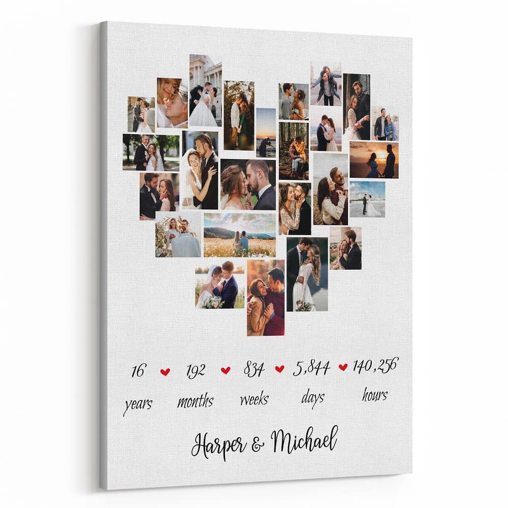 16th Anniversary Heart-Shaped Photo Collage Canvas Print