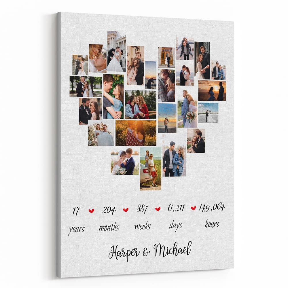 17th Anniversary Heart-Shaped Photo Collage Canvas Print