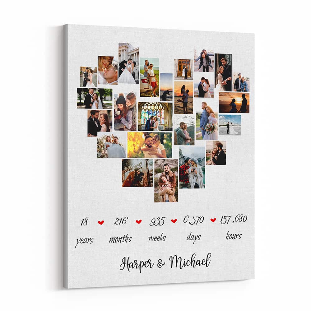18th Anniversary Heart-Shaped Photo Collage Canvas Print