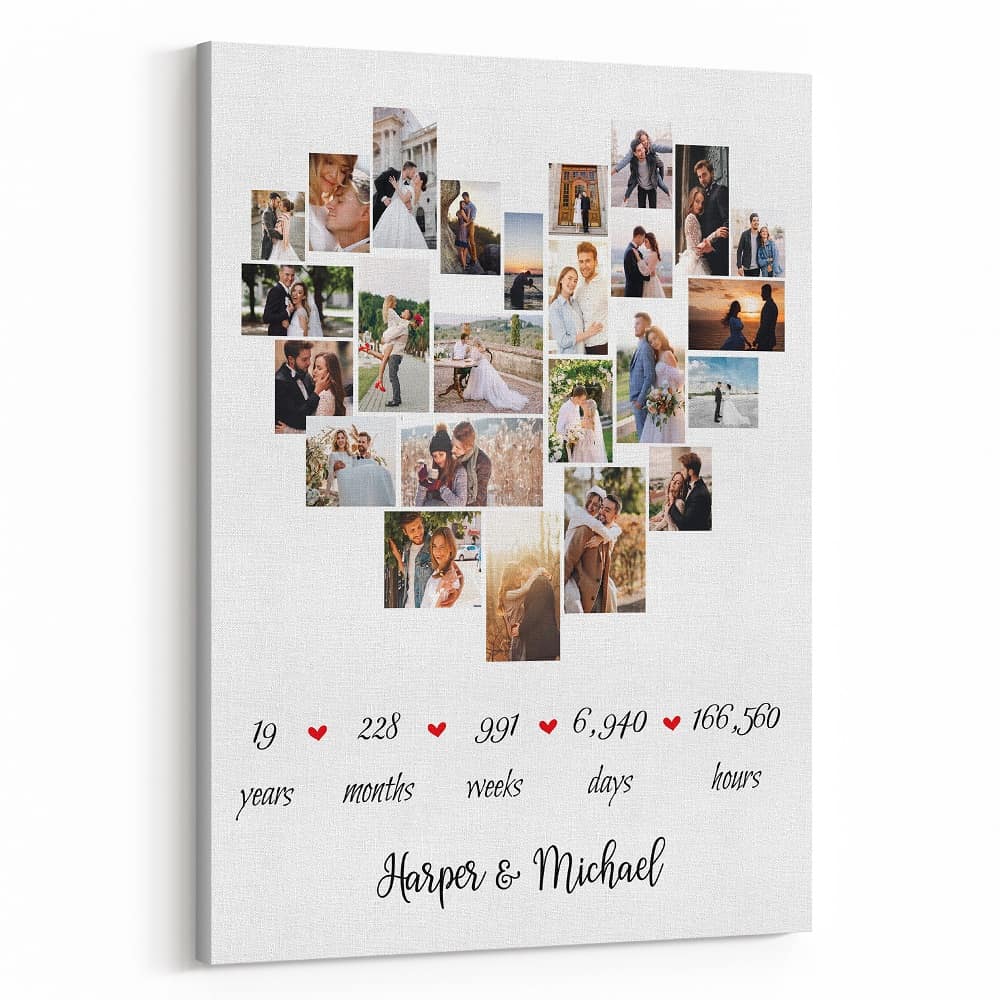 19th Anniversary Heart-Shaped Photo Collage Canvas Print