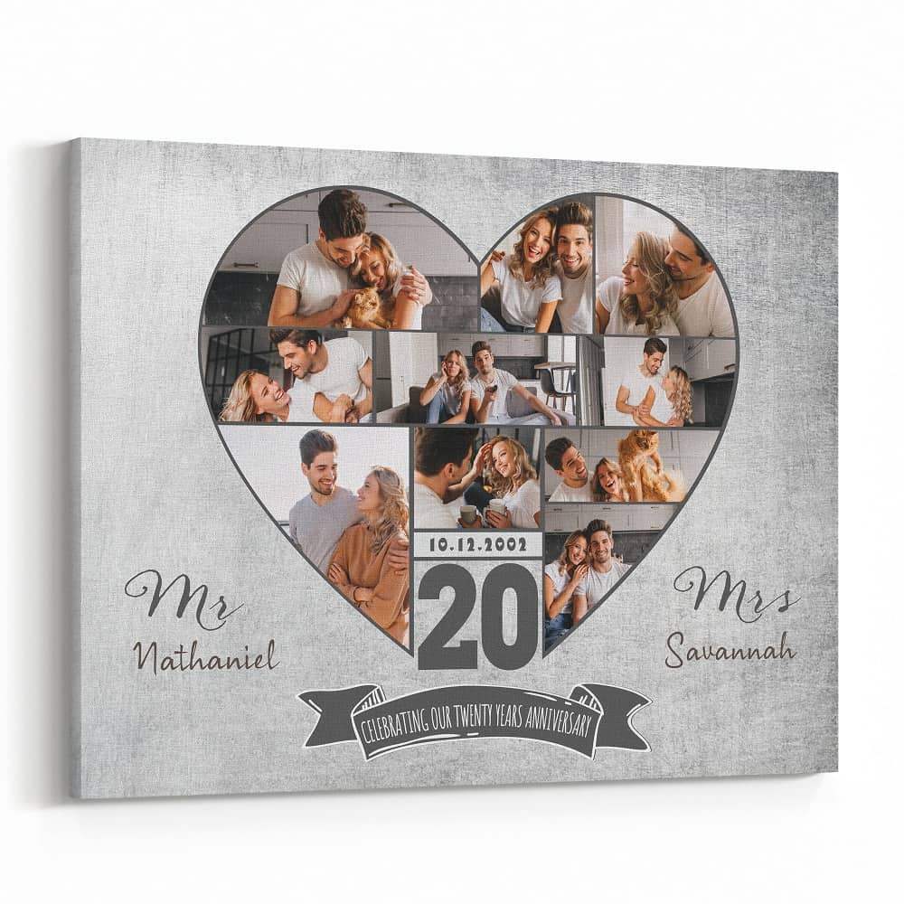 20th Anniversary Heart-Shaped Photo Collage Canvas Print