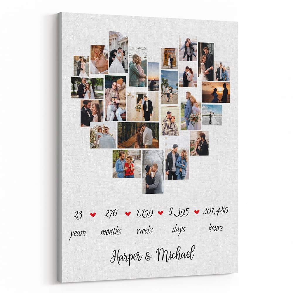 23rd Anniversary Heart-Shaped Photo Collage Canvas Print – 25 Photos