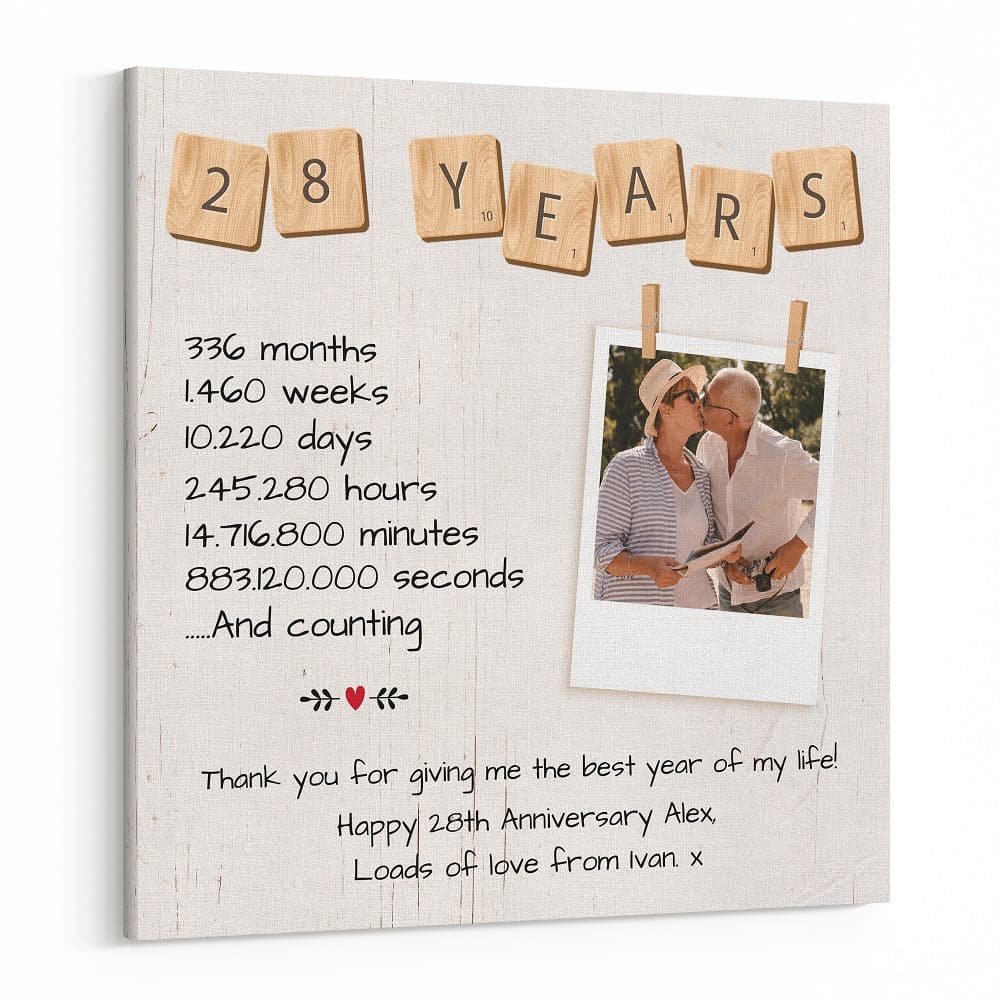 28 Year Anniversary Custom Square Canvas Print with Polaroid Photo