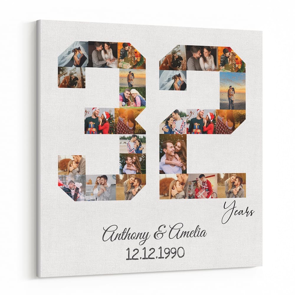 Custom Number 32 Years Anniversary Photo Collage Canvas Print