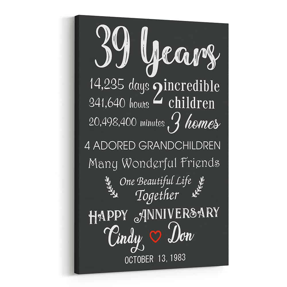 39th Anniversary Gift for Parents Custom Canvas Print