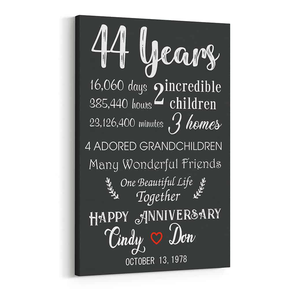 44th Anniversary Gift for Parents Custom Canvas Print
