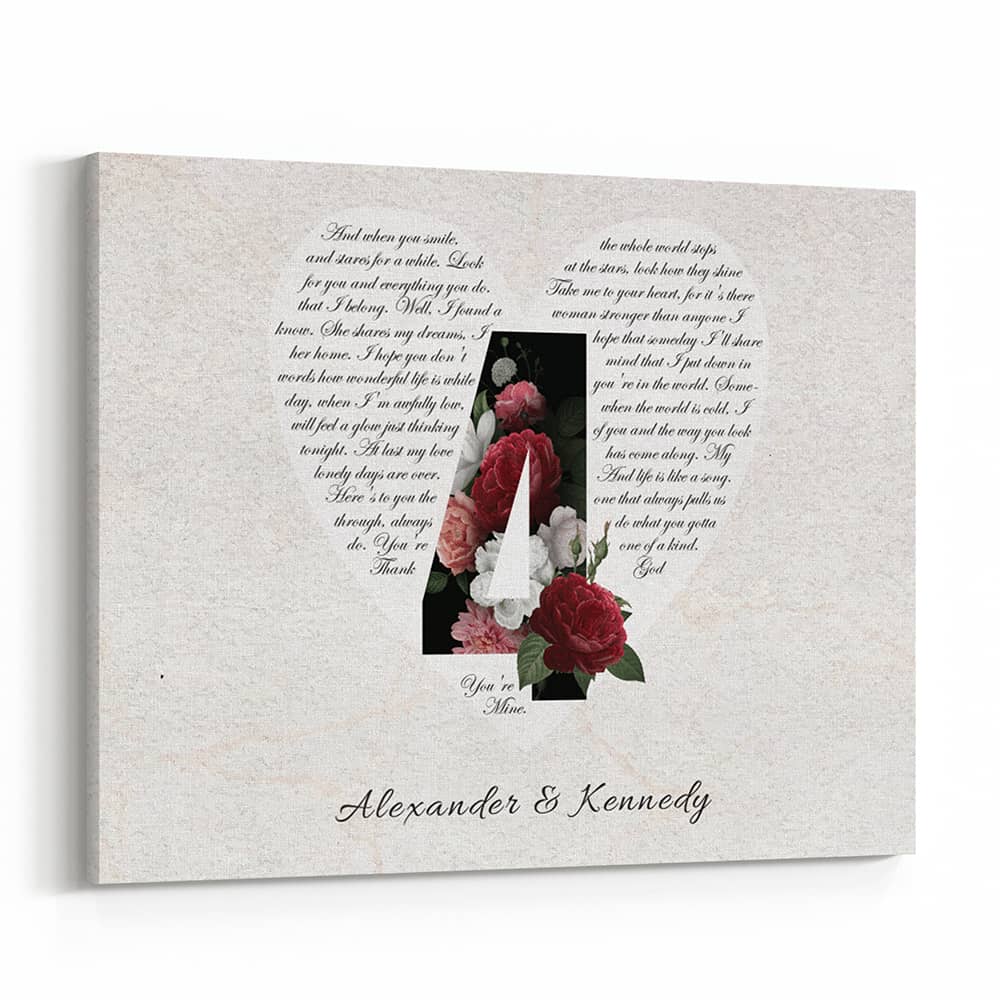 4th Anniversary Flower Heart-Shape Song Lyrics Canvas Print