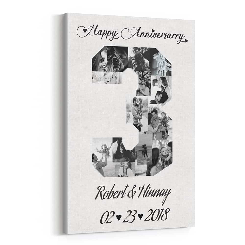 Black and White 3 Years Anniversary Number Photo Collage – 13 Photos Canvas Print