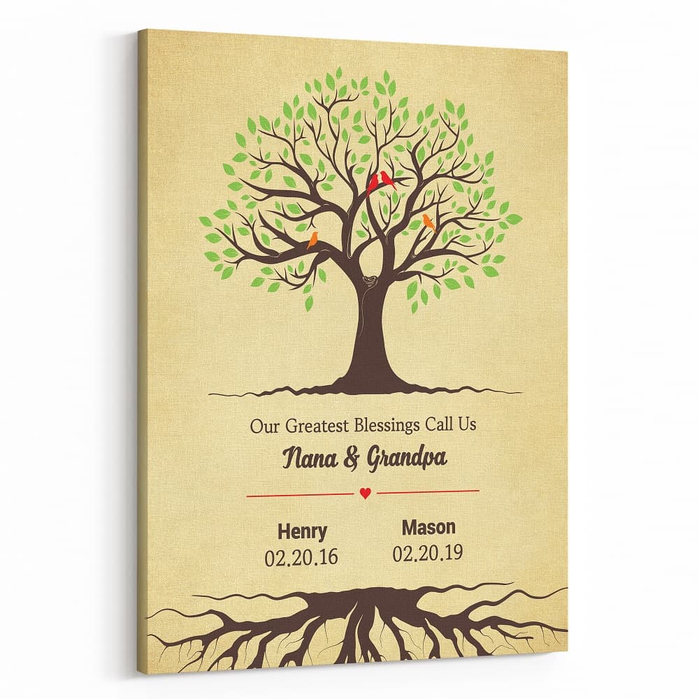 Our Greatest Blessings Call Us Nana and Papa Personalized Family Tree Canvas Print with Yellow Background