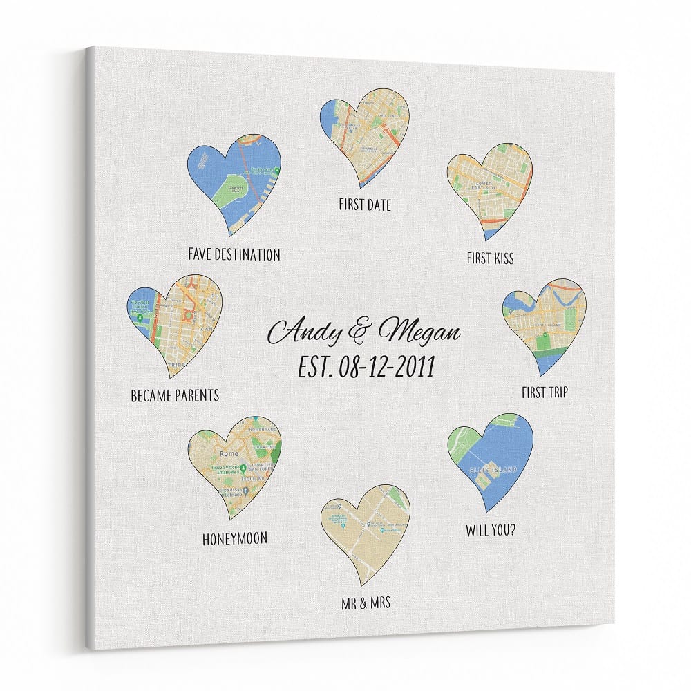Custom Relationship Canvas with 8 Heart-Shaped Location Maps