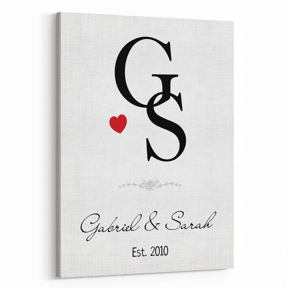12 Year Anniversary Gift – Custom Couple Initial Name Canvas Print