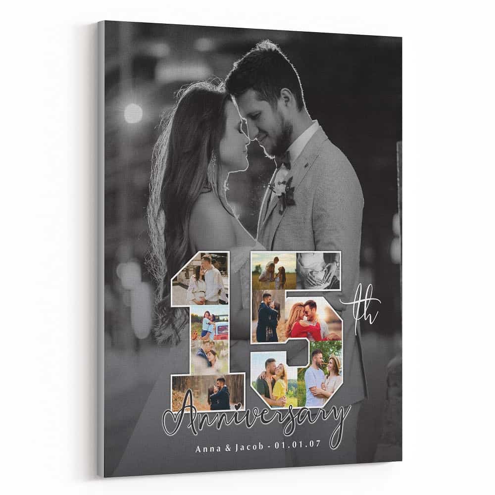 15th Anniversary Number Photo Collage Black And White Canvas Print