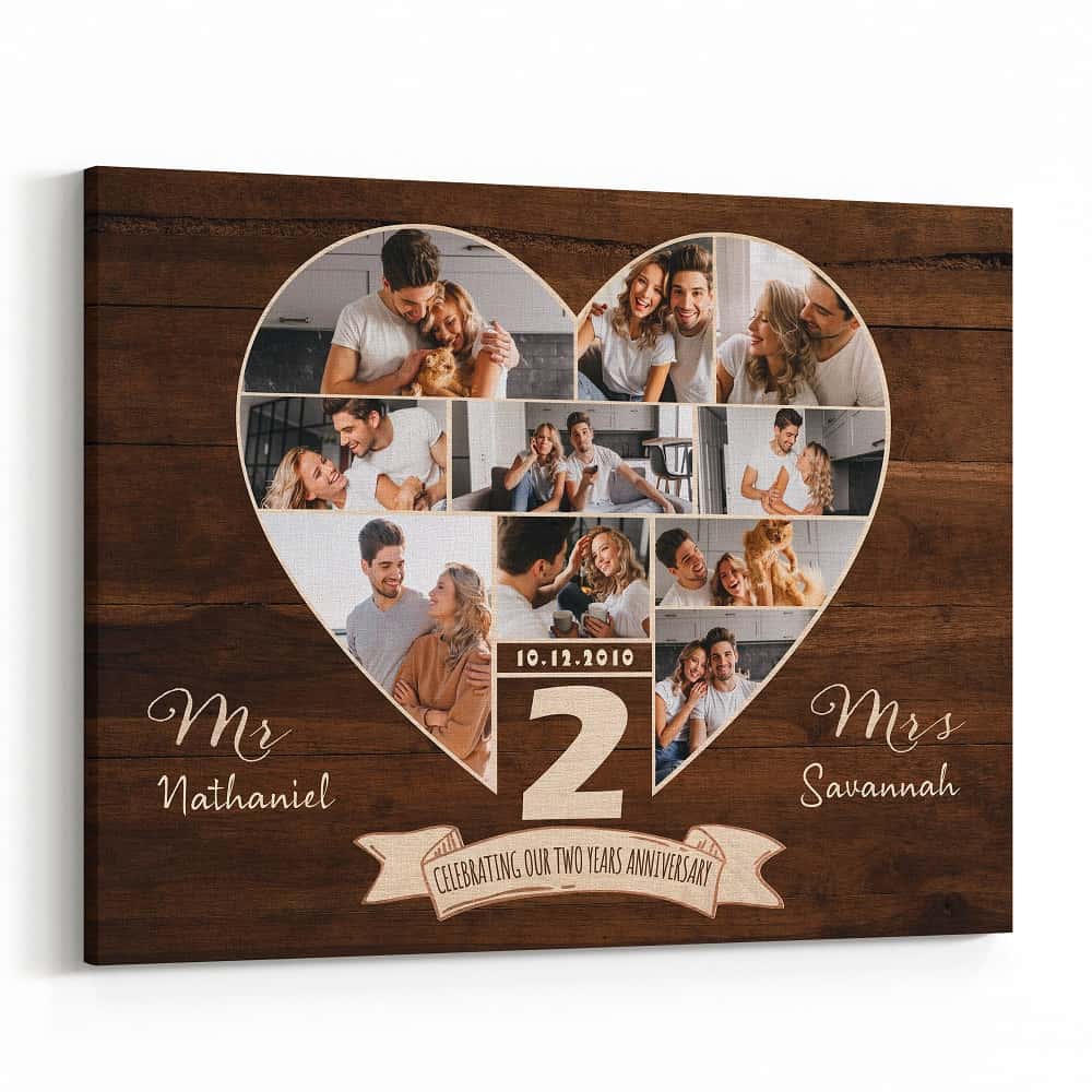 2 Year Heart Shaped Photo Collage – Custom 10 Photos Canvas