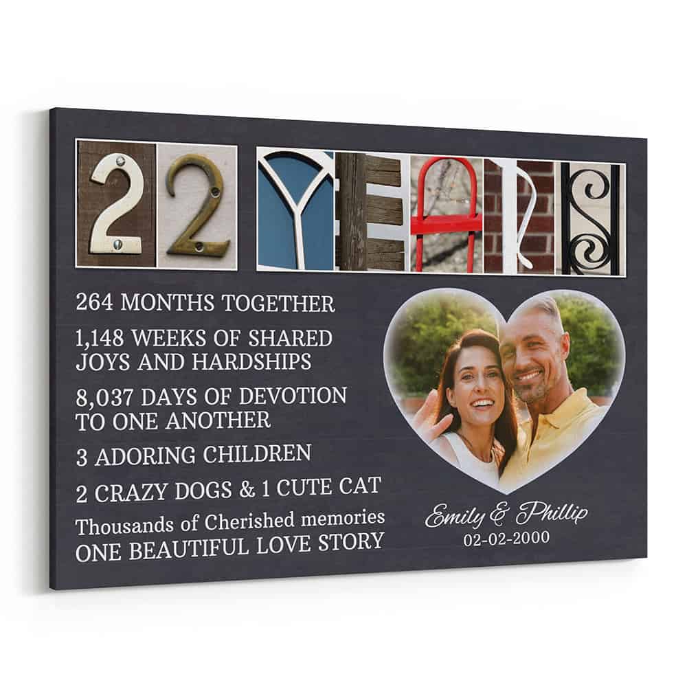 22 Years Anniversary Letter Art Sentimental Milestones – Gray Background – Personalized Photo, Name, Date
